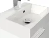 A close-up view of a modern white sink with a chrome faucet and drain. Produktbild-Vorschau