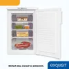 An open white freezer with food items inside, set against a white background. A yellow graphic element is in the top left corner, and a blue logo with text is in the bottom right. Produktbild-Vorschau