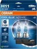 Packaging for Osram Cool Blue Intense H11 headlight bulbs, showing two bulbs and feature callouts. Podgląd zdjęcia produktu