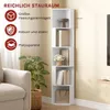 A white corner shelf unit filled with books and decorative items, placed next to a sofa and a potted plant. Produktbild-Vorschau