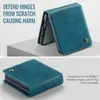 A teal leather flip case for a Samsung Galaxy Z Flip 7 is shown in two different orientations, highlighting its design and protective features. Produktbild-Vorschau