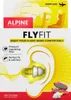 Packaging and marketing material for Alpine Flyfit earplugs, showing an illustration of an ear with an earplug inserted, and graphics related to air travel. Podgląd zdjęcia produktu