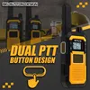 A marketing image showcasing two walkie-talkies with prominent text highlighting features. Produktbild-Vorschau