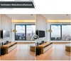 A split image showing a living room with a TV and a large window. The left side shows the TV with glare from the window, while the right side shows the TV with blinds covering the window, reducing glare. Produktbild-Vorschau