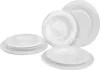 A collection of white ceramic plates and bowls stacked on a white background. Produktbild-Vorschau