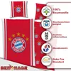 Product image showing bedding with FC Bayern München branding and feature callouts. Produktbild-Vorschau