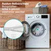 A washing machine with an open door and laundry inside, next to laundry baskets and a close-up of a zipper. The background is wooden planks. Produktbild-Vorschau