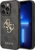 A close-up of a phone case with a repeating logo pattern and a gold Guess logo. Voir les images du produit