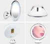 A collage of four images showing a makeup mirror with LED lights and a suction cup. Produktbild-Vorschau