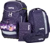 A set of purple school bags with white polka dots, including a backpack, a smaller bag, and a pencil case. Anteprima dell’immagine prodotto