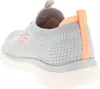 A rear view of a gray Skechers shoe with pink and orange accents. Produktbild-Vorschau
