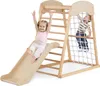 Two children playing on a wooden indoor climbing frame with a slide and net. Produktbild-Vorschau