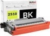 A black toner cartridge with an orange base, placed in front of its packaging box. Produktbild-Vorschau