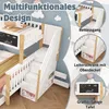 A multi-functional bunk bed with stairs, drawers, and a chalkboard feature, presented in a playful, child-friendly setting with cloud and hot air balloon decorations. Produktbild-Vorschau