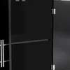 A close-up view of a black cabinet with silver hinges and handles. Voir les images du produit