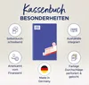 A marketing image showcasing the features of a Kassenbuch (cash book) with icons and text. Produktbild-Vorschau