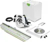A collection of tools for woodworking, including a circular saw, a guide rail, a saw blade, and a storage case. Produktbild-Vorschau