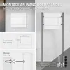 A collage showing a white mailbox mounted on a wall and on a stand, with diagrams illustrating dimensions and mounting hardware. Produktbild-Vorschau