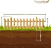 A diagram showing a wooden garden fence with measurements for its length, height, and depth of the metal posts in the ground. Náhled obrázku produktu