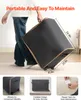 A person is shown pulling a black rolling luggage bag, with close-up shots of its features below. Podgląd zdjęcia produktu