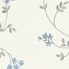 A close-up of floral wallpaper with blue flowers and gray leaves on a cream background. Produktbild-Vorschau