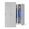 Two light gray metal lockers, one with its doors open, revealing blue garments hanging inside, a helmet on a shelf, and blue shoes on the floor. The other locker is closed. Podgląd zdjęcia produktu