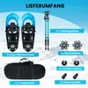 A product listing image showing a set of snowshoes and trekking poles with various accessories, laid out against a snowy mountain background. Produktbild-Vorschau