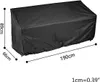 A black garden bench cover with dimensions indicated by lines and text. Produktbild-Vorschau