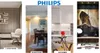 A collage of four different room settings: a living room, a dining room, a kitchen, and a study, all featuring Philips lighting. Produktbild-Vorschau