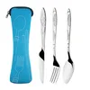 A set of stainless steel cutlery with a blue carrying case. Produktbild-Vorschau