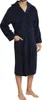 A man wearing a navy blue hooded robe with a belt. Produktbild-Vorschau