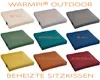A grid of nine different colored heated seat cushions, each labeled with its color name. Náhled obrázku produktu