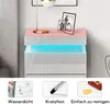 A modern white nightstand with LED lighting and decorative elements, accompanied by feature highlights at the bottom. Produktbild-Vorschau
