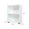 A white bookshelf with two shelves, shown from a three-quarter angle, with dimensions indicated by red lines and text. Anteprima dell’immagine prodotto