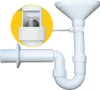 A white plastic plumbing siphon with a funnel and a close-up detail of a ball valve mechanism. Produktbild-Vorschau