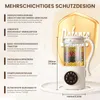A product shot of a white and beige blender with text overlays describing its features. Voir les images du produit