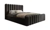 A black upholstered bed with a fluted headboard and footboard, shown with beige and gray bedding. Produktbild-Vorschau