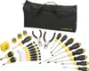 A collection of Stanley brand tools laid out on a white background, with a black tool bag in the background. Náhľad obrázku produktu