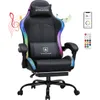 A black gaming chair with LED lighting and musical notes graphics. Produktbild-Vorschau