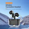 Product image with text overlay, showing wireless translation earbuds in a charging case against a blurred background of mountains and sky. Podgląd zdjęcia produktu