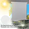 A roller blind is shown deployed on a balcony, with the sun and arrows indicating UV rays being blocked. The text below explains the UV blocking feature. Produktbild-Vorschau