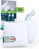 A product shot of two white pillowcases with packaging and marketing elements. Náhled obrázku produktu