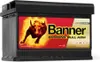 A black car battery with a prominent red and yellow label featuring a bull graphic and brand name. Produktbild-Vorschau