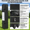 A black storage bag with wheels and handles, shown outdoors with a grassy background. The image is divided into sections highlighting different features of the bag. Produktbild-Vorschau