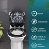 A toilet seat with a decorative VIP design is shown on a toilet, with feature icons and text on the right side. Produktbild-Vorschau