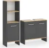 A tall cabinet and a wider cabinet with a cutout on top, both with wood-effect tops and gray fronts, are shown against a white background. Produktbild-Vorschau