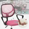 A pink office chair with a mesh backrest is shown, with diagrams illustrating airflow and a hand pressing into the seat cushion. Produktbild-Vorschau