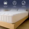 A mattress on a wooden bed frame, with marketing icons and text above. Anteprima dell’immagine prodotto