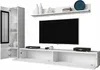 A modern white TV stand and cabinet unit with a TV mounted above it. Náhled obrázku produktu