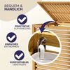A close-up view of a wooden laundry basket with a lid, highlighting its features with text and checkmarks. Produktbild-Vorschau